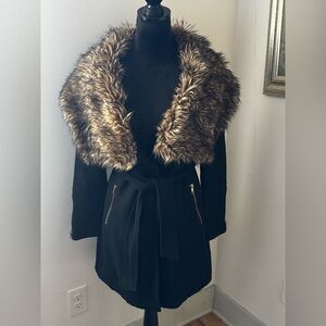 Buffalo David Bitton Elegant Black Jackie wool Coat brown Faux‎ Fur Collar Sz XS